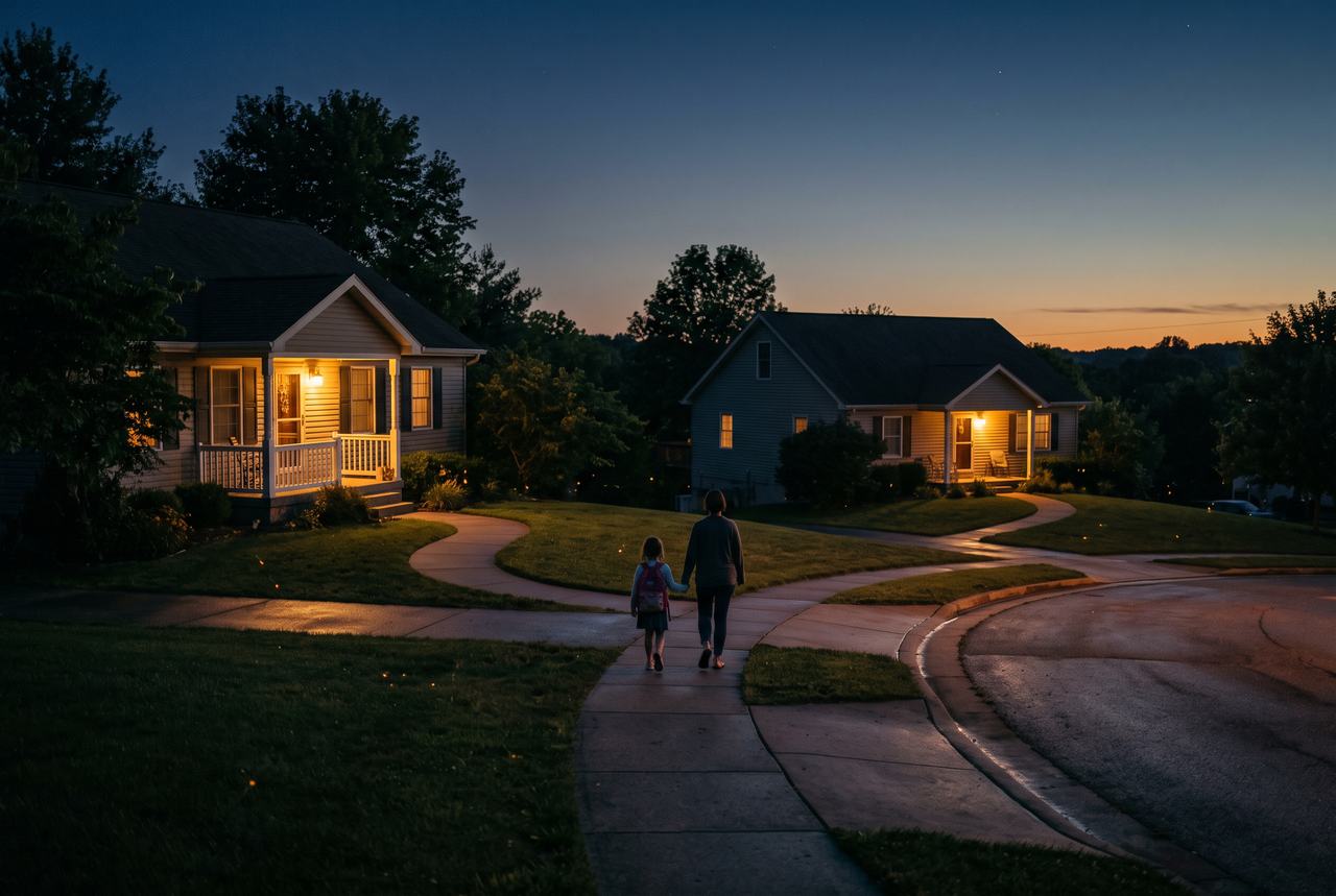 Two houses at dusk, each with its porch light on.
