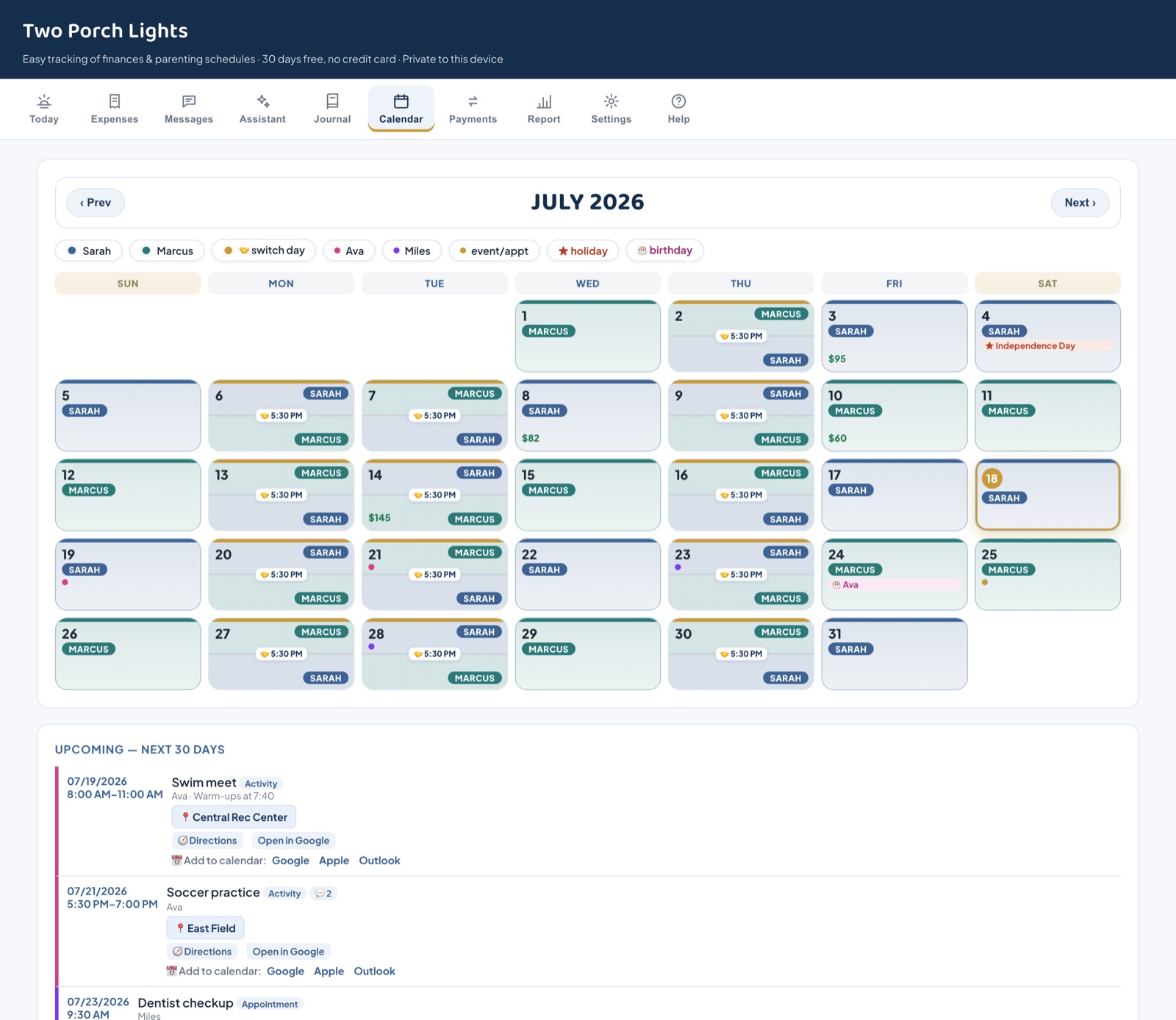 The Two Porch Lights shared calendar: each day color-coded by parent, switch days marked with the drop-off time, and events dotted in each child's color