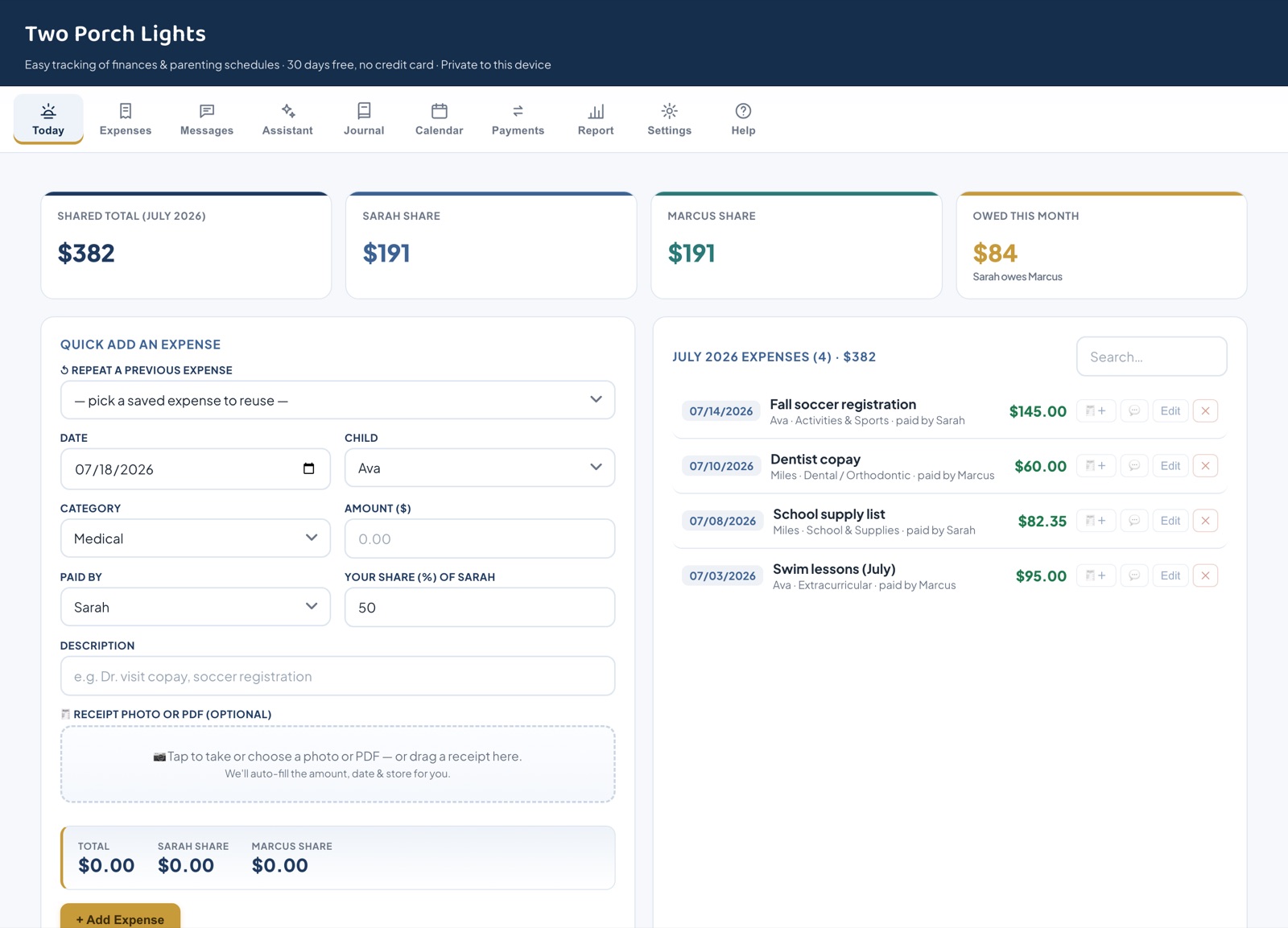 Quick Add an Expense with receipt drop zone and automatic split preview