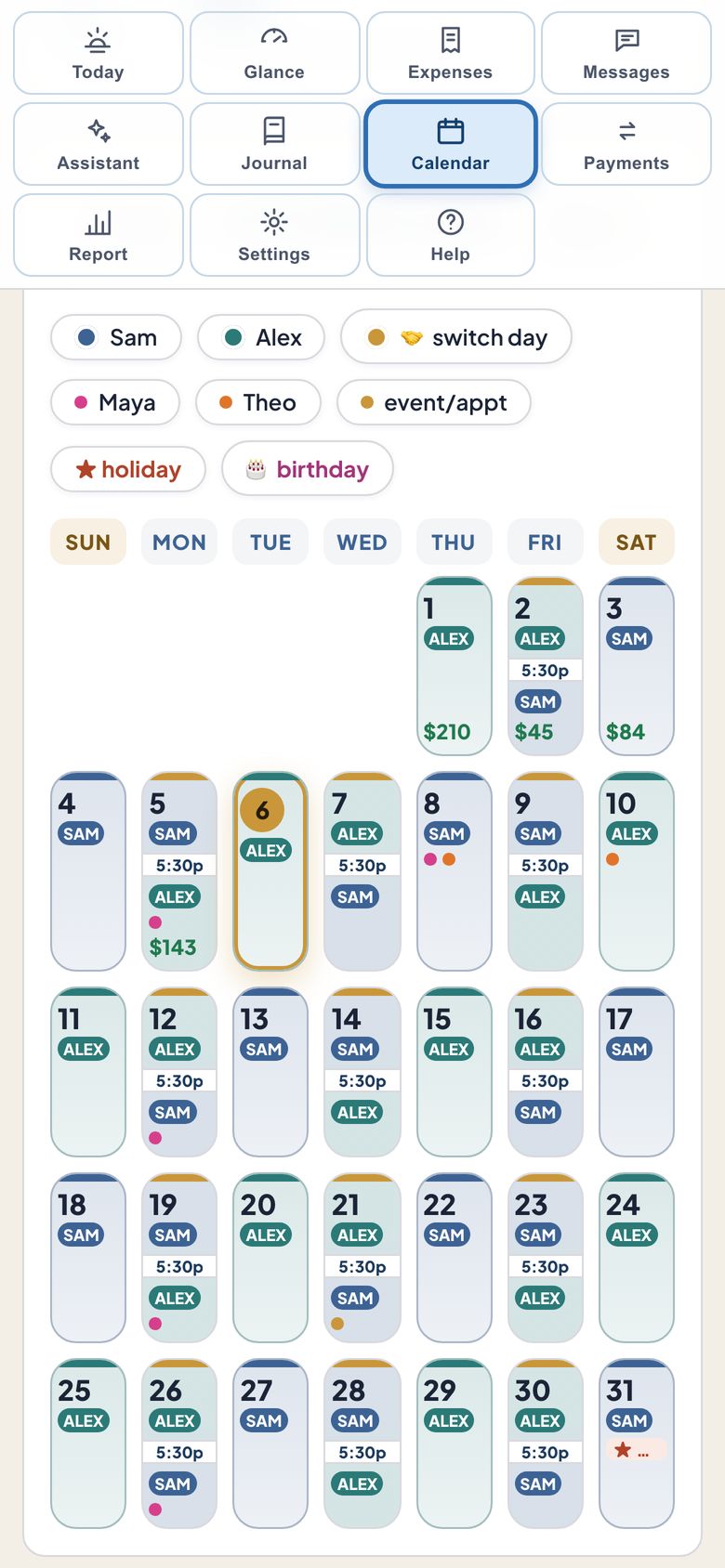 Month view on a phone with color-coded parenting time and kid-colored event dots