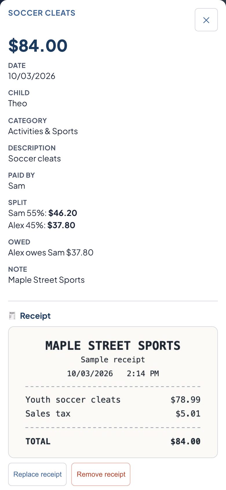 An expense's details on a phone: the amount, each parent's share, and the attached receipt