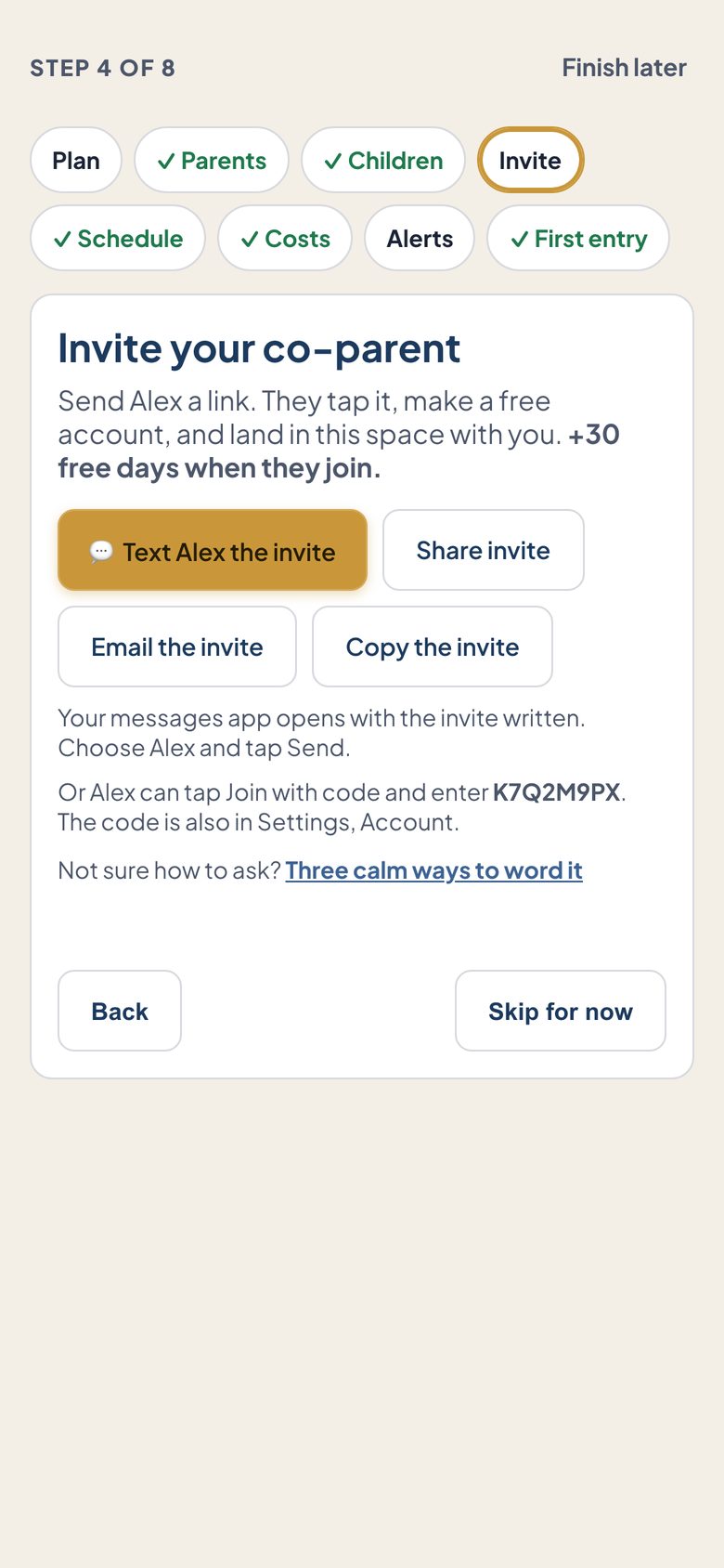 The Invite step in setup on a phone, with buttons to text, share, email or copy the invite