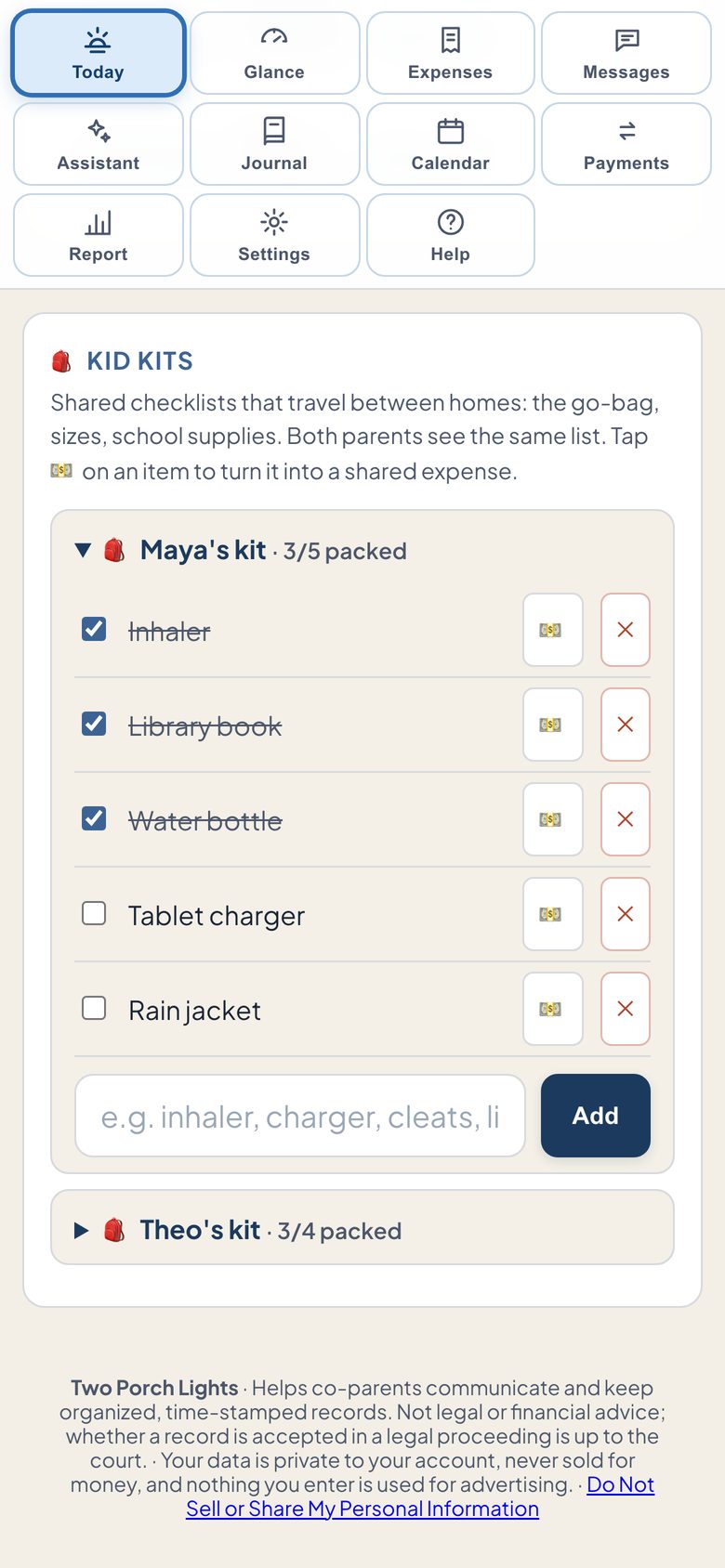 Kid Kits on a phone: a shared checklist for each child with packed counts