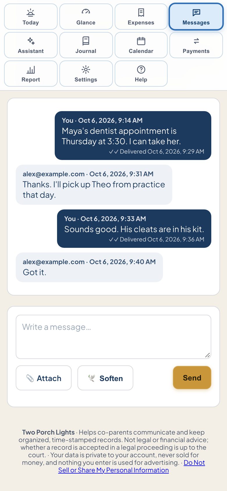 The Messages screen on a phone: a short message thread with delivered marks, and the Soften button under the message box
