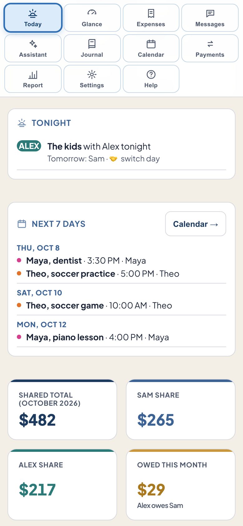 The Today screen on a phone: whose night it is, the next 7 days, and this month's balance