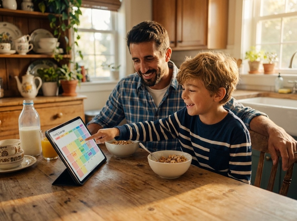 A father and son looking at the shared family calendar over breakfast