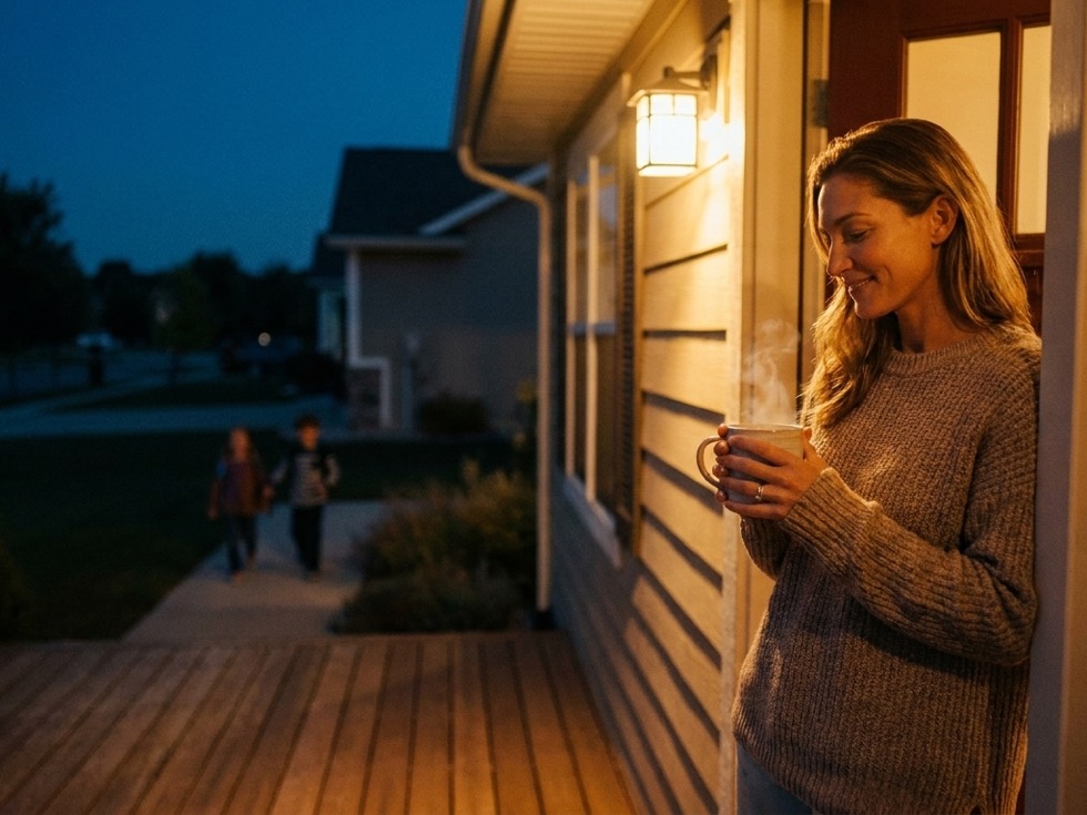 A mother waiting under the porch light as her kids walk up the path at dusk