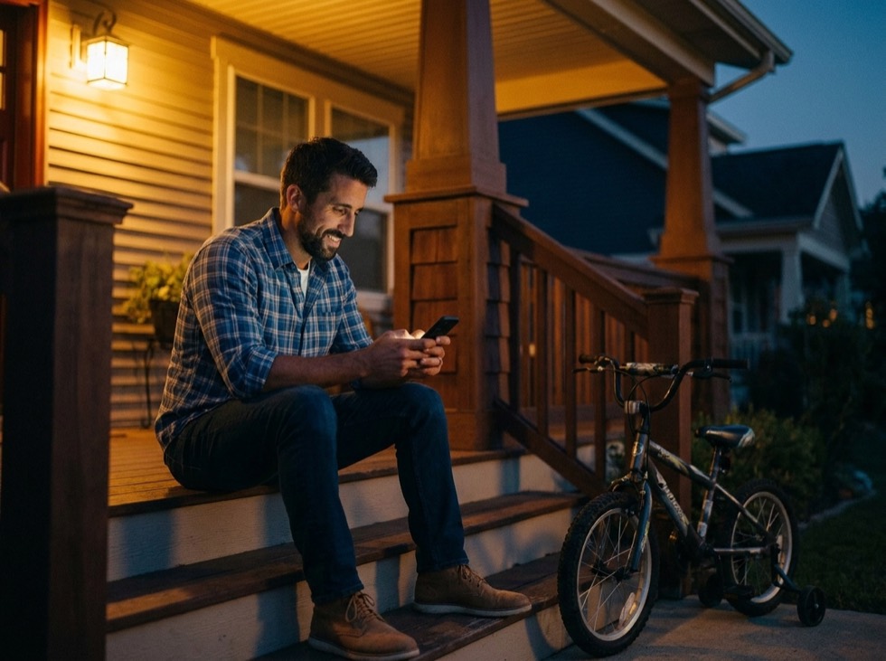 A father on the porch at dusk, sending a calm message