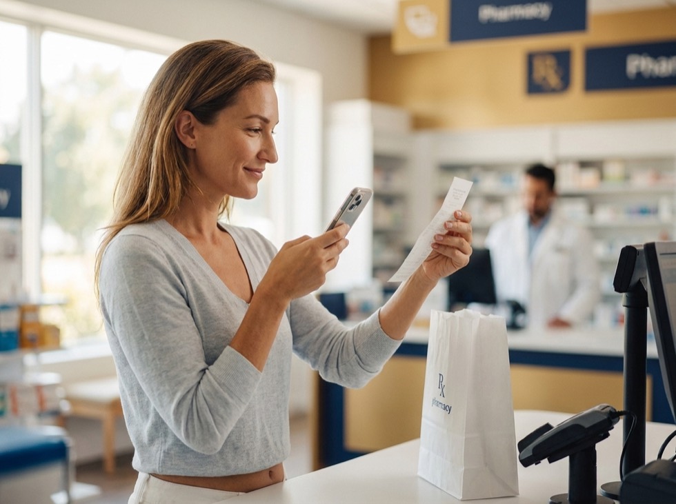 A mother photographing a pharmacy receipt with her phone